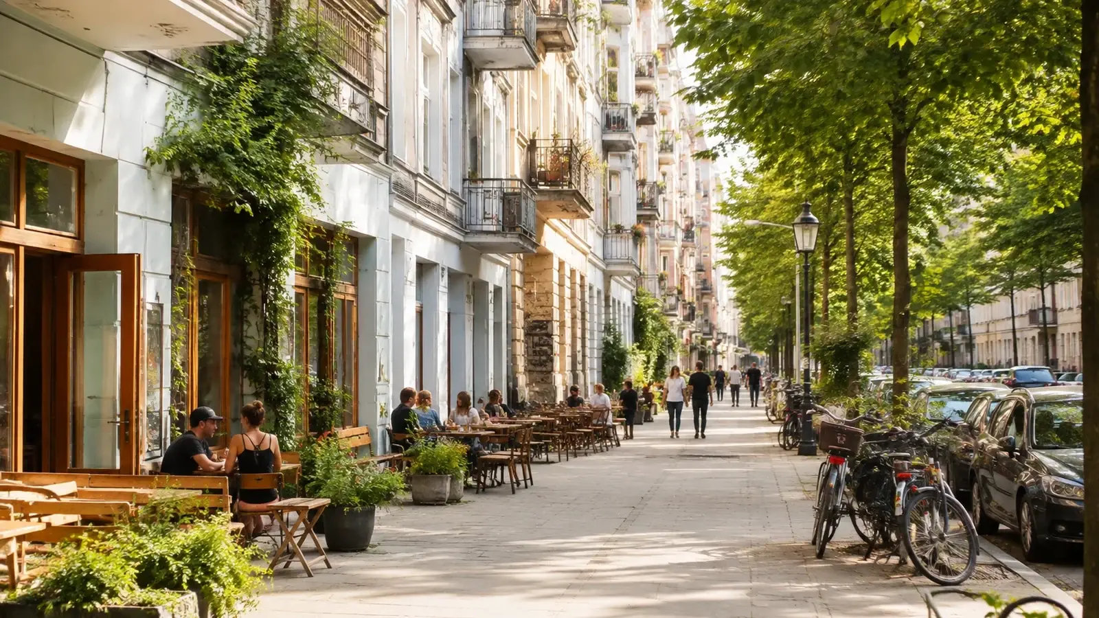 Stadsmiljö i Charlottenburg som illustration till att välja hotellområde i Berlin