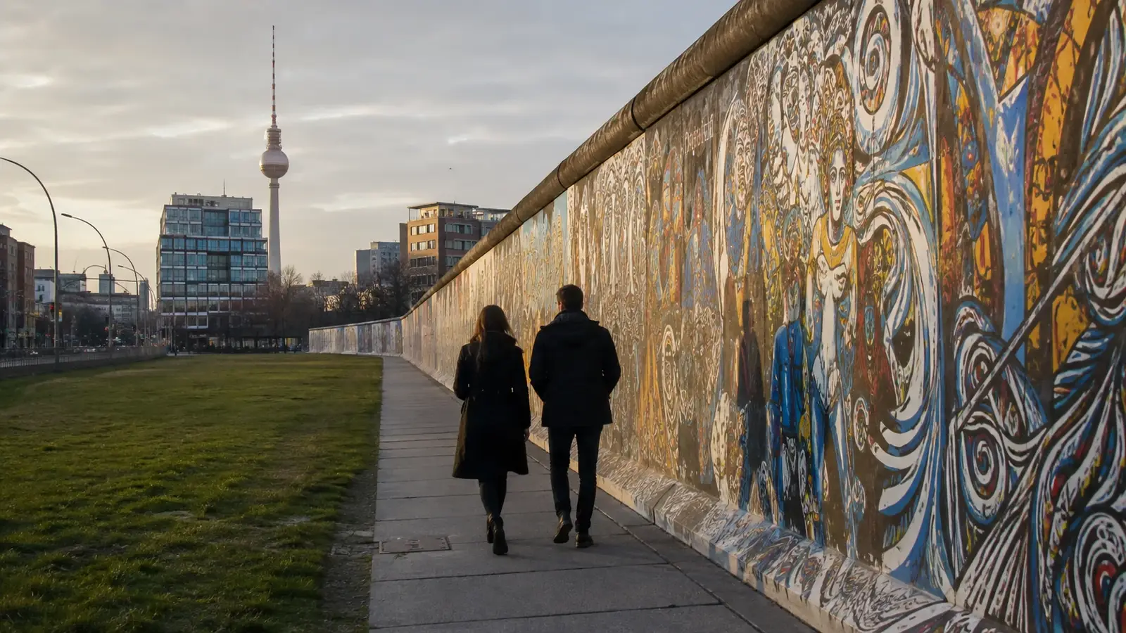 Promenad längs en lång muralvägg med Berlinatmosfär, lämplig för artikel om Berlinmuren.