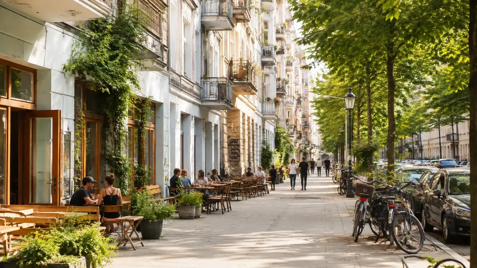 Illustrativ Berlin-gata för guiden till coworking och längre arbetsvistelser.