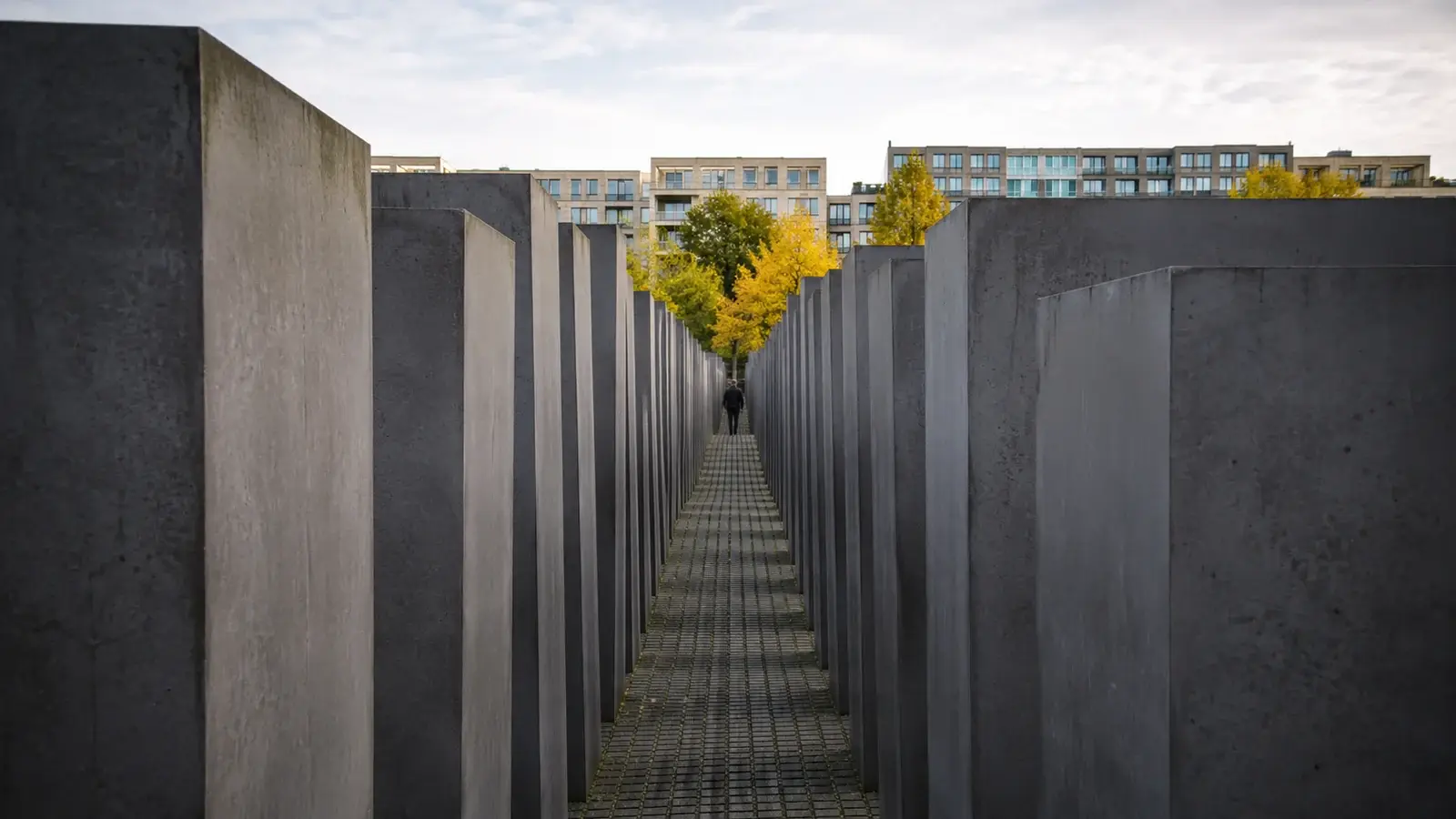 Stelarna vid Förintelsemonumentet i Berlin sedda längs en smal gång.