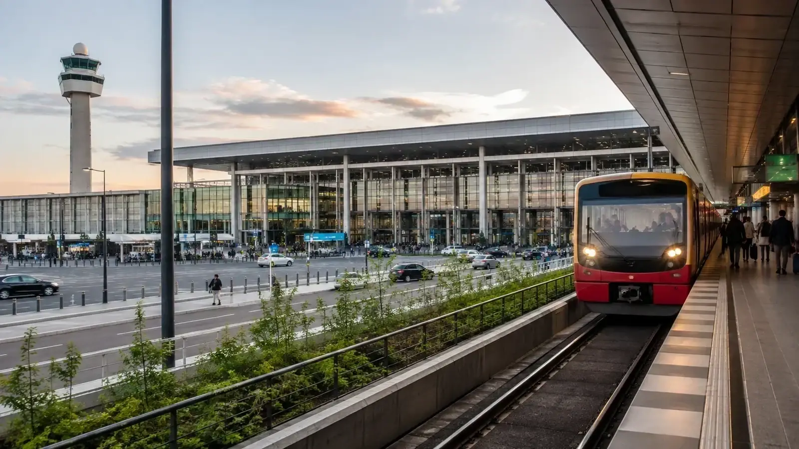 Tåg och terminalmiljö som illustrerar ankomst och kollektivtrafik för en första Berlinresa.
