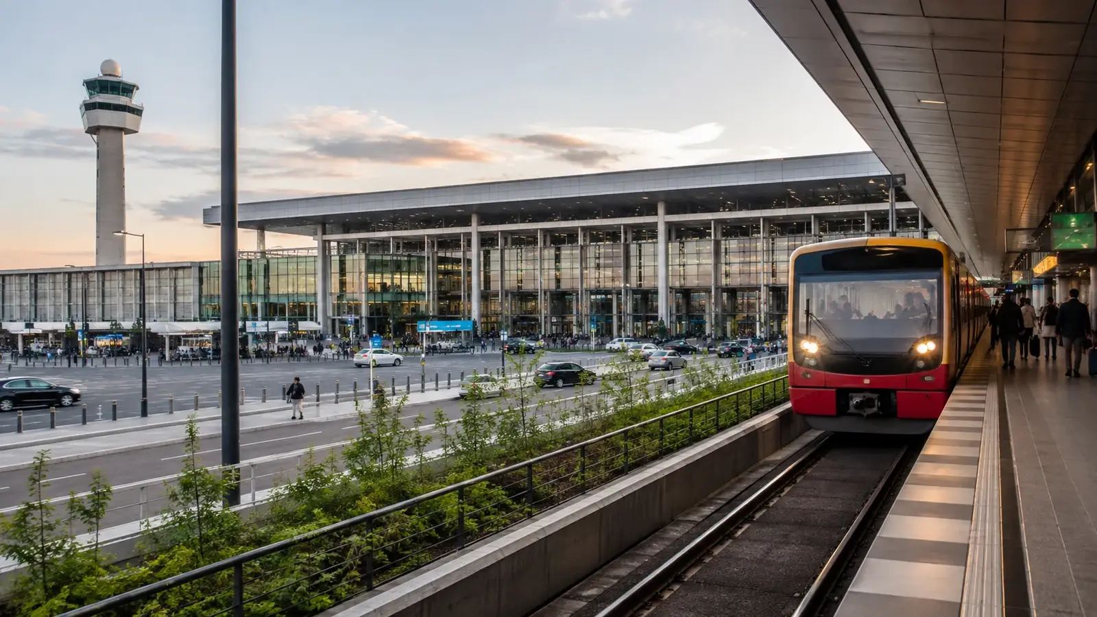 Modern terminalmiljö med tågplattform som illustrerar resa från Berlin Brandenburg Airport till centrum.