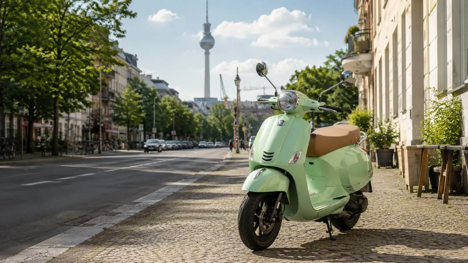 Ljusgrön moped parkerad på en stadsgata i Berlin med Fernsehturm i bakgrunden.
