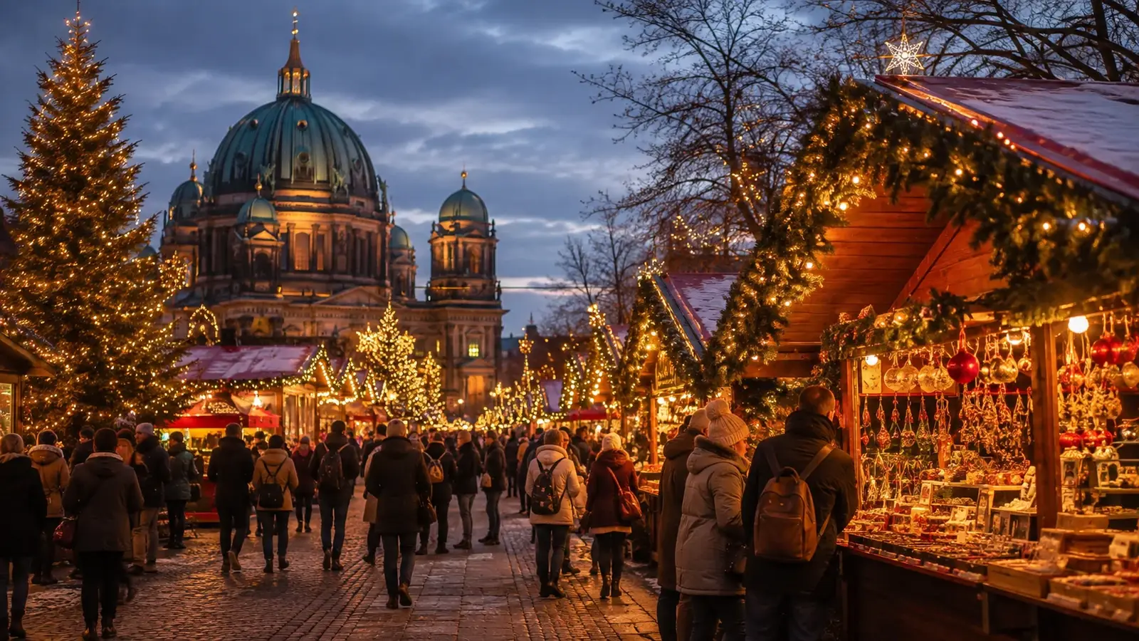 Festlig julmarknad framför en upplyst katedral, lämplig för guide till julmarknader i Berlin.