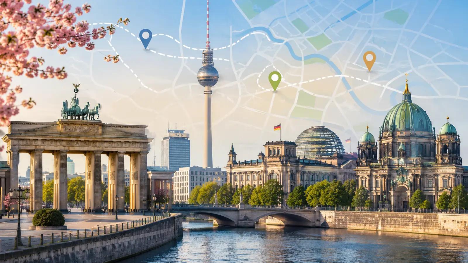 Karta över Berlin med Brandenburger Tor, Fernsehturm och andra sevärdheter