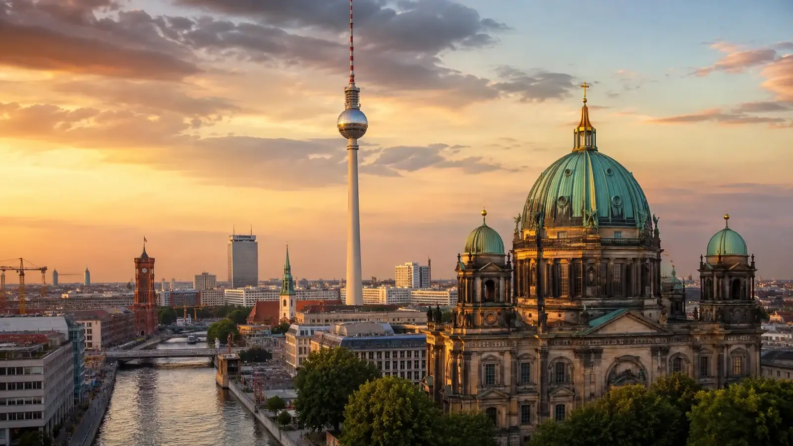 Illustrativ Berlinvy med Berliner Dom och Fernsehturm som kulturmotiv för museiguiden.