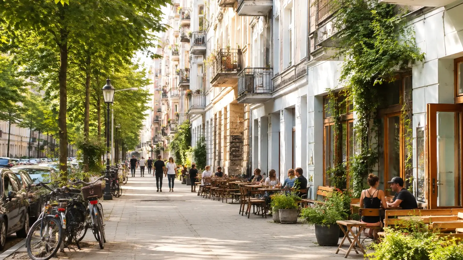 Lummig Berlin-gata med caféer och cyklar, använd som illustrativ bild för Prenzlauer Berg.
