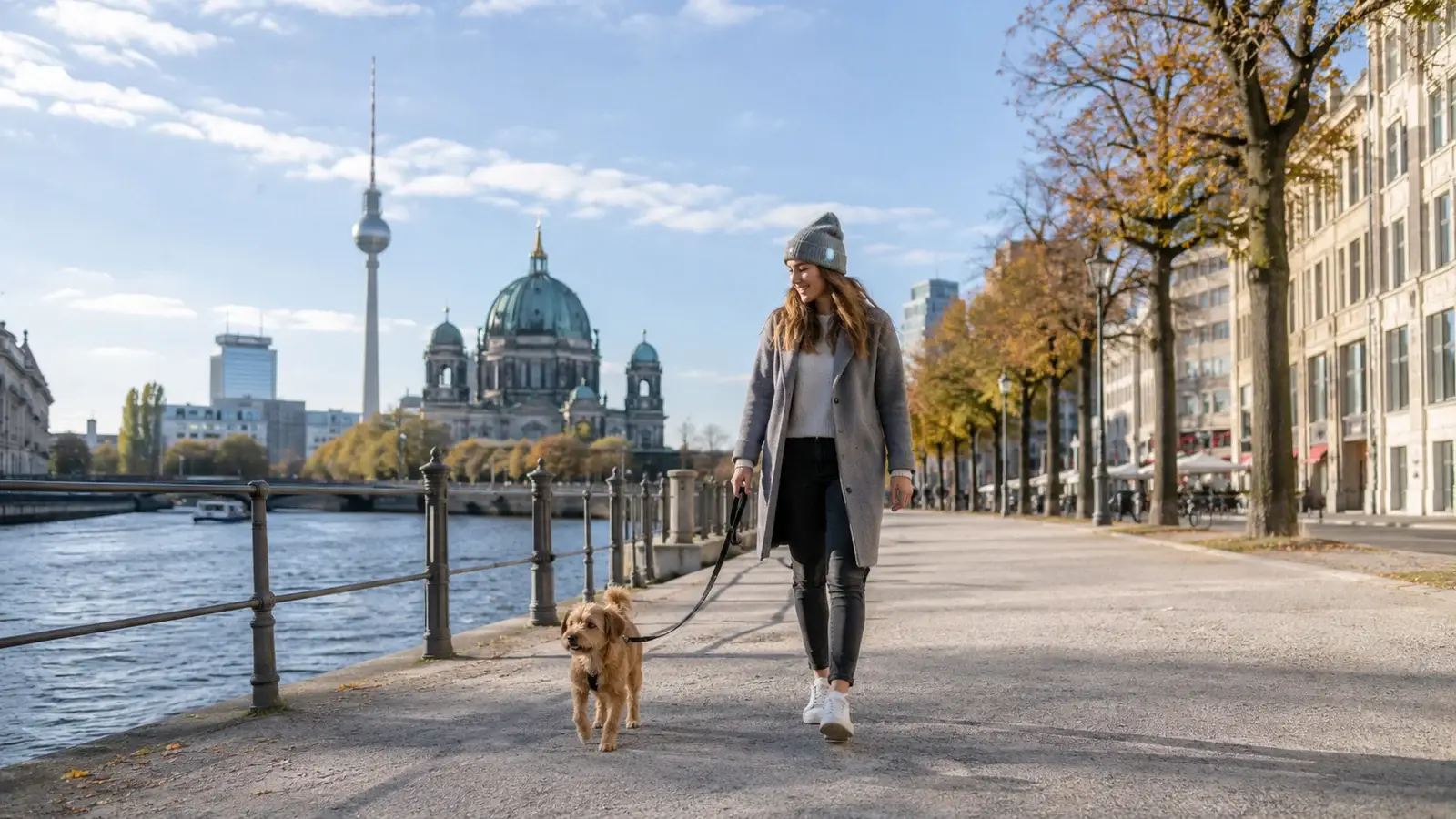 Person promenerar med hund längs vattnet i Berlin.