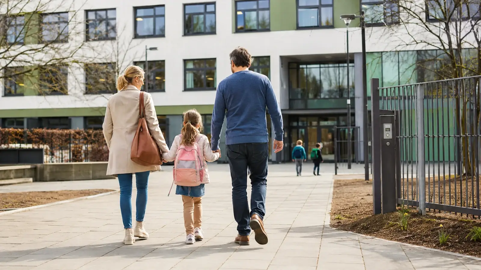 Familj på väg mot en modern skola i Berlin.