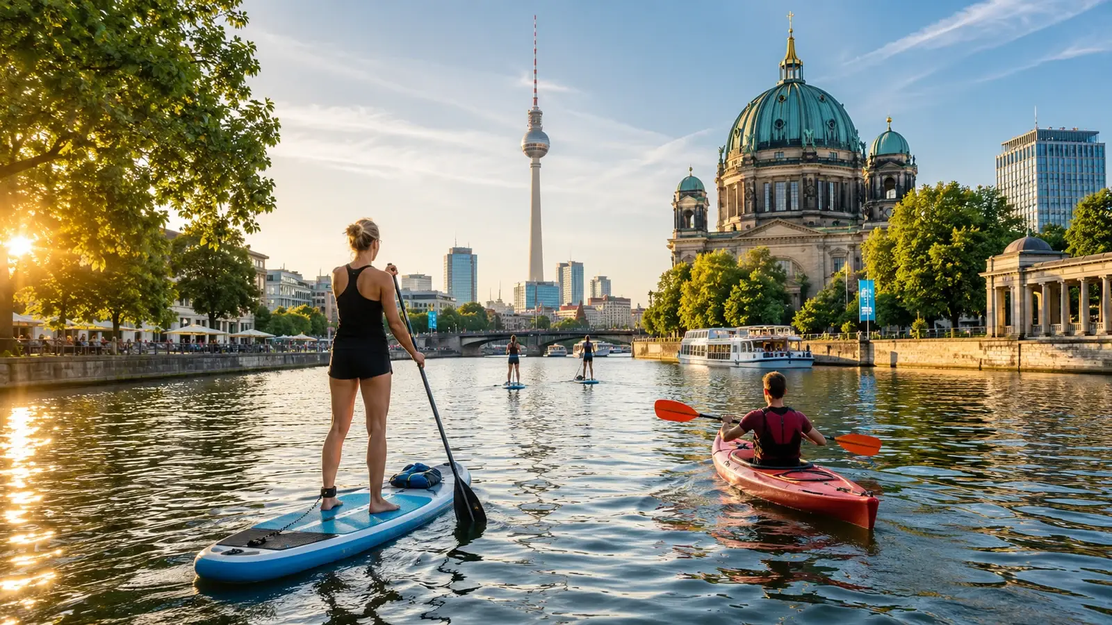 SUP-paddlare och kajak på vattnet i Berlin med stadssiluetten i bakgrunden.