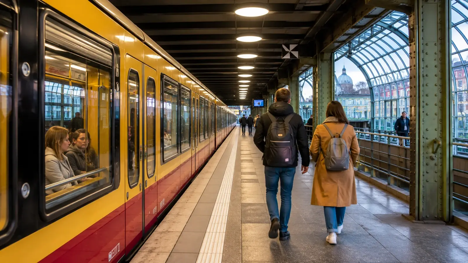Gulrött Berlin-tåg vid station, illustrativ bild för tillgänglig kollektivtrafik.